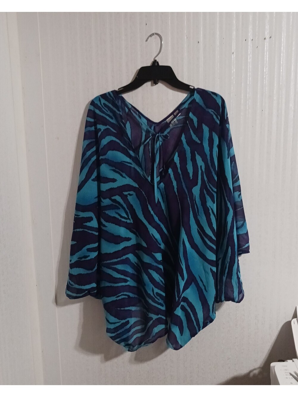 Women's Blue  & Purple  Zebra Print Tie Neck Tunic Sheer Shaw Top L
